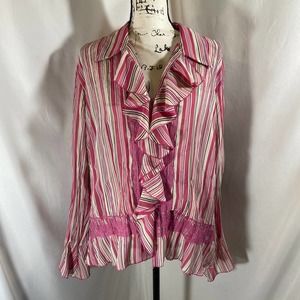Notations V-Neck Ruffle Down Long Sleeve Striped Button Down Blouse Sx XL